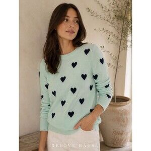 J.Crew 100% Cashmere Heart Print Sweater Mint Green Navy Blue Hearts XL Crewneck